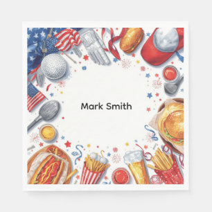 Golfer party with golf equipment and usa food napkin