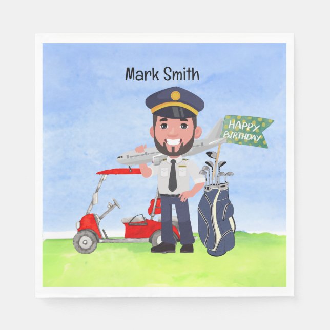 Golfer Pilot Golfing pn Green grass Birthday Party Napkin (Front)