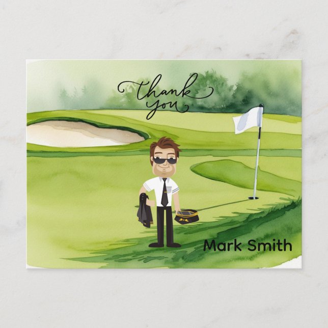 Golfer Pilot on Golf Course with text Thank you  Postcard (Front)