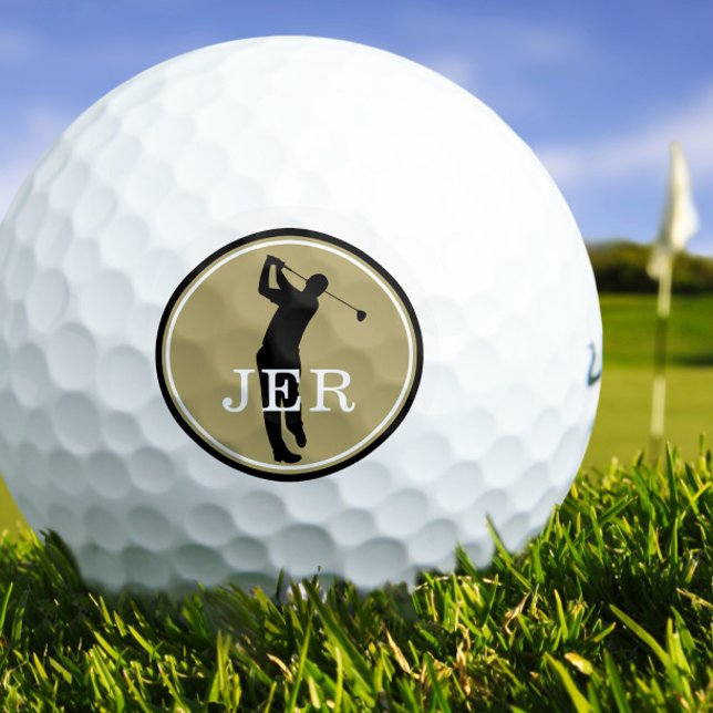Golfer Player Modern Sports Monogram Gold Black Go Golf Balls (Unique Golfer Player Modern Sports Monogram Gold Black Golf Balls)
