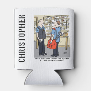 Golfer Postman Loves Golf Cartoon Can Cooler
