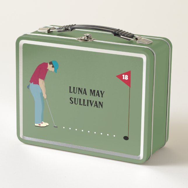Golfer Putting Ball Themed Metal Lunch Box (Front)