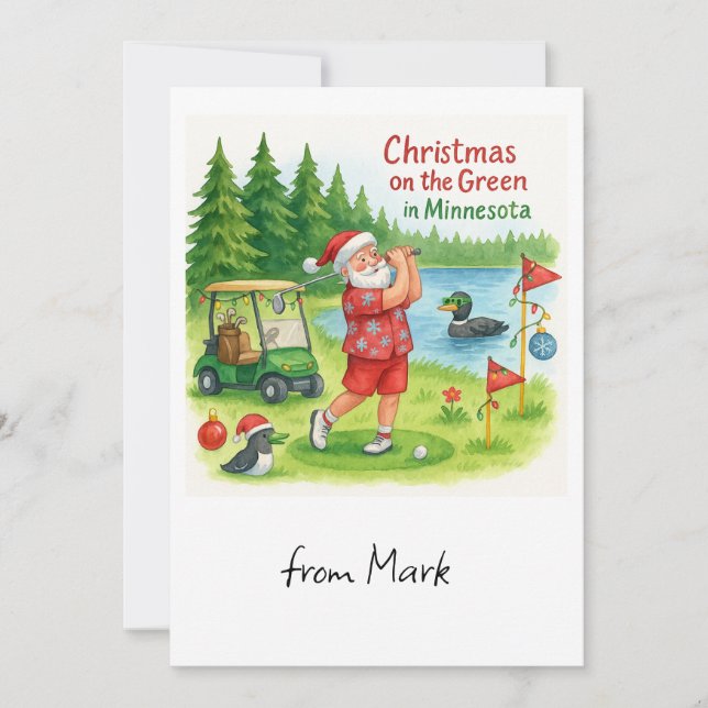Golfer Santa Claus Golfing in Minnesota Lake view Holiday Card (Front)
