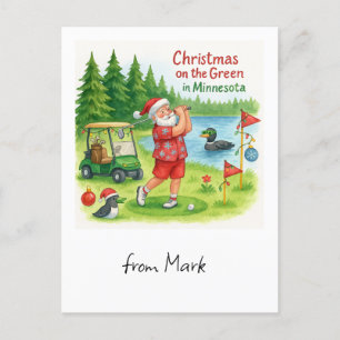 Golfer Santa Claus Golfing in Minnesota Lake view Holiday Postcard
