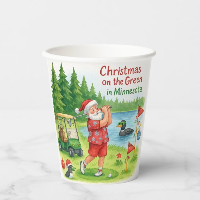 Golfer Santa Claus Golfing in Minnesota on Green Paper Cups (Front)