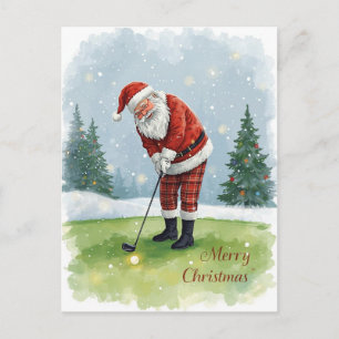 Golfer Santa Claus golfing on green on Christmas Postcard