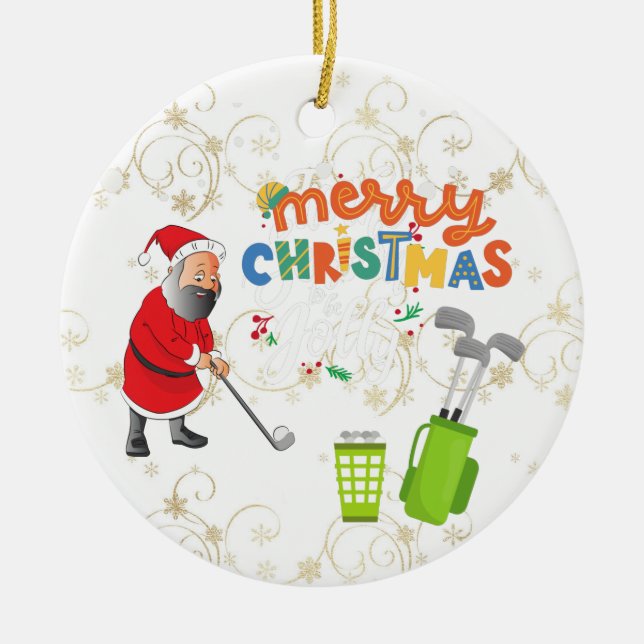 Golfer Santa Claus is golfing under snow Christmas Ceramic Ornament (Front)