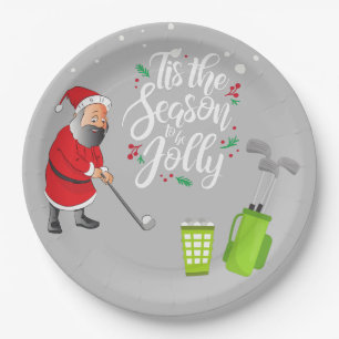 Golfer Santa Claus is golfing under snow Christmas Paper Plate