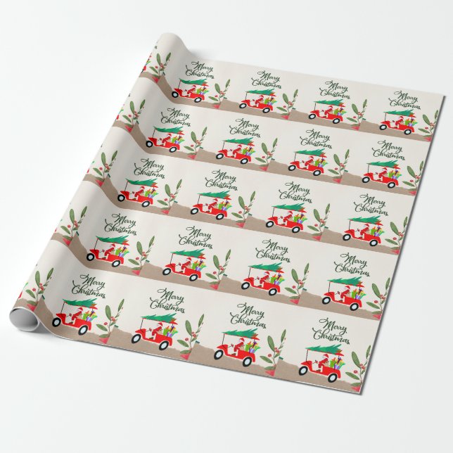 Golfer  Santa Claus riding golf cart for Christmas Wrapping Paper (Unrolled)