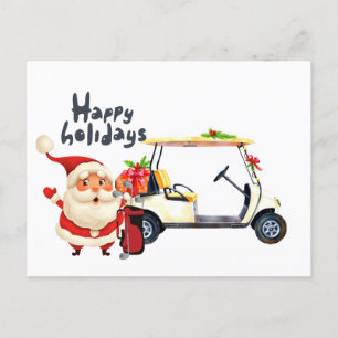 Golfer Santa Claus with golf cart for Christmas Holiday Postcard