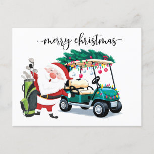 Golfer Santa Claus with golf cart for Christmas Holiday Postcard