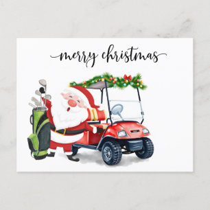 Golfer Santa Claus with golf cart for Christmas Holiday Postcard