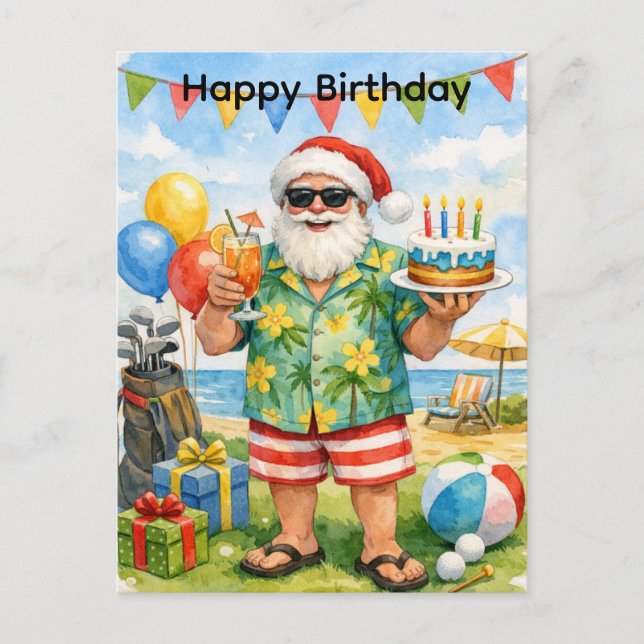 Golfer Santa Hat hold Birthday Cake in Party  Postcard (Front)