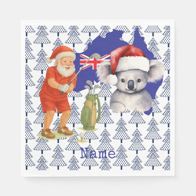 Golfer Santa with Koala Bear on Australia Map Napkin (Front)