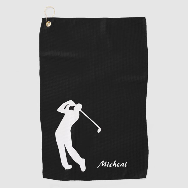 Golfer Silhouette Black White Monogram Golf Towel (Front)