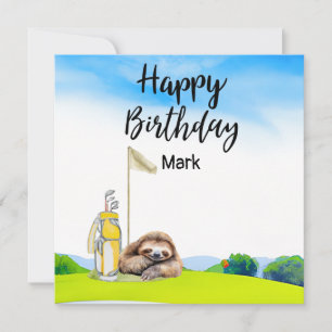 Golfer sloth is golfing on green birthday card