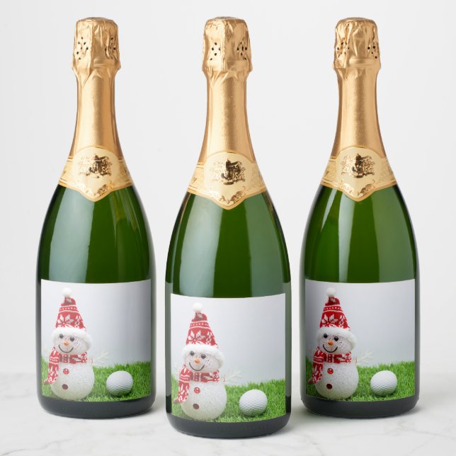 Golfer Snowman with golf ball on Christmas Holiday Sparkling Wine Label (Bottles)