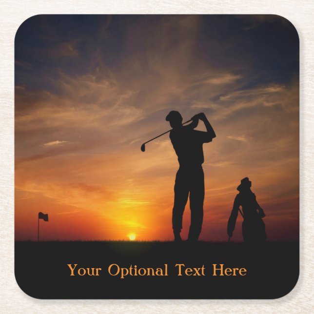 Golfer Sunset custom text paper coasters (Front)