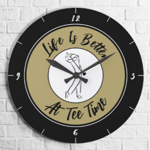 Golfer Tee Time Humour Funny Golf Sport Black Gold Large Clock