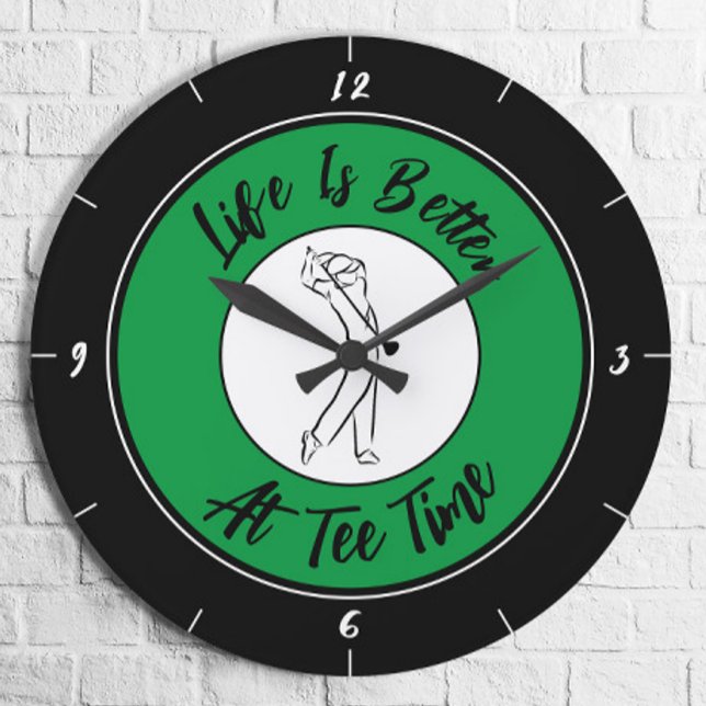 Golfer Tee Time Humour Funny Golf Sport Black Gree Large Clock (Creator Uploaded)