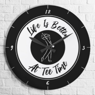 Golfer Tee Time Humour Funny Golf Sport Black Whit Large Clock