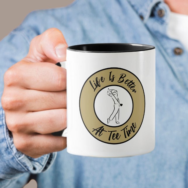 Golfer Tee Time Humour Funny Sports Pun Black Gold Mug (Golfer Tee Time Humor Men's Funny Sports Pun Black Gold Mug)