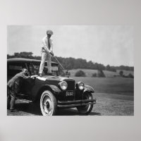 Golfer Teeing Off on Top of Car, Black and White