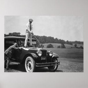 Golfer Teeing Off on Top of Car, Black and White Poster
