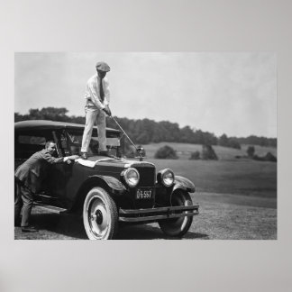 Golfer Teeing Off on Top of Car, Black and White Poster