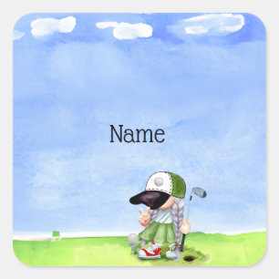 Golfer watercolor on green grass with blue sky  square sticker