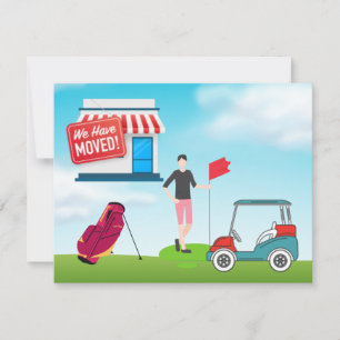 Golfer we have moved with golf cart and bag  announcement