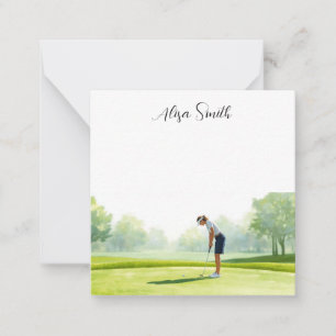 Golfer Woman is on green grass in golf course Card