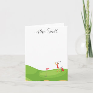 Golfer Woman is on green grass in golf course  Note Card