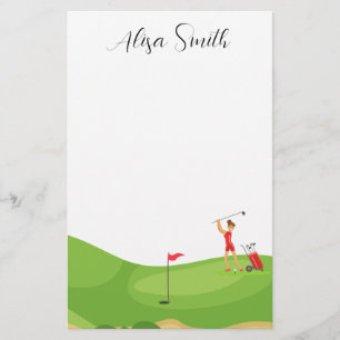 Golfer Woman is on green grass in golf course Stationery