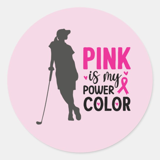 Golfer woman on breast cancer awareness pink    classic round sticker (Front)