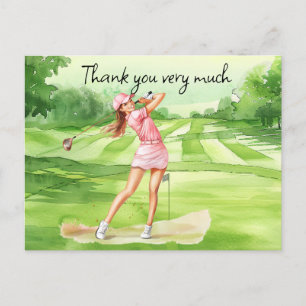 Golfer woman on golf course watercolor postcard