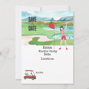 Golfer woman with red golf cart on green save date invitation