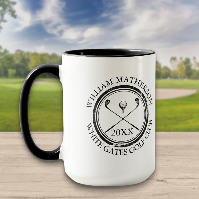 Golfer's and Club Name, Date Black and White Golf Mug (Creator Uploaded)