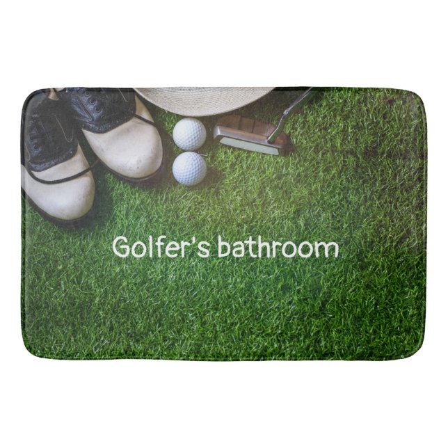 Golfer's bathroom with golf balls on green grass b bath mat (Front)