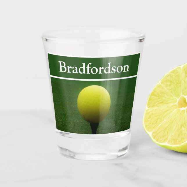 Golfers name Yellow Golf Ball golf course green Shot Glass (Front)