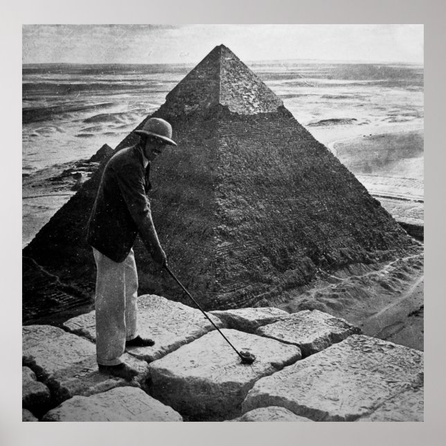 Golfing at the Pyramid Black and White Poster (Front)