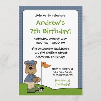 Golfing Bear Kids Birthday Party Invitations