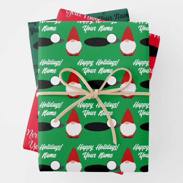 Golfing Christmas gnome wrapping paper sheets (In situ)