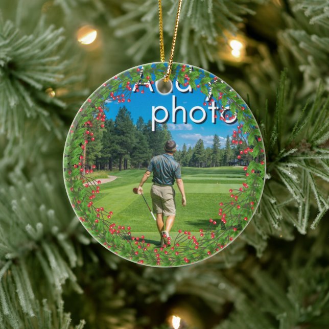 Golfing Christmas Wreath add your photo red Ceramic Ornament (Tree)