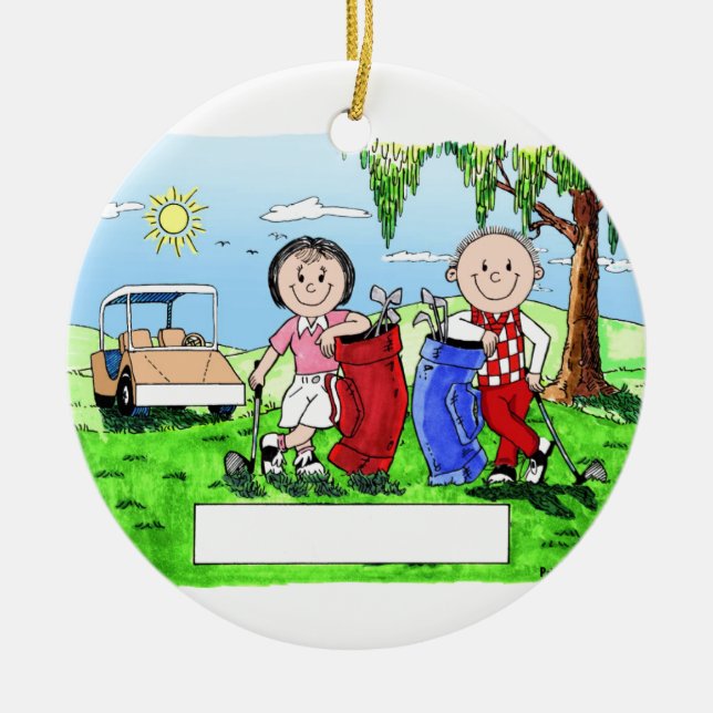 Golfing Couple - Personalised Cartoon Ceramic Tree Decoration (Front)