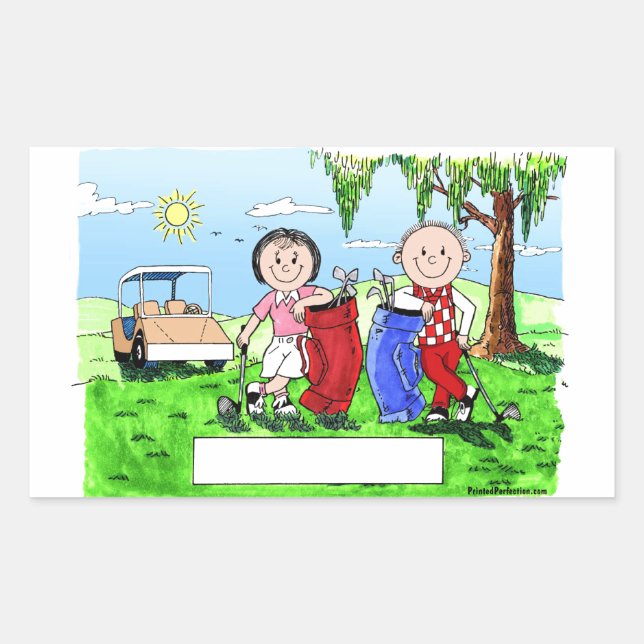 Golfing Couple - Personalised Cartoon Rectangular Sticker (Front)