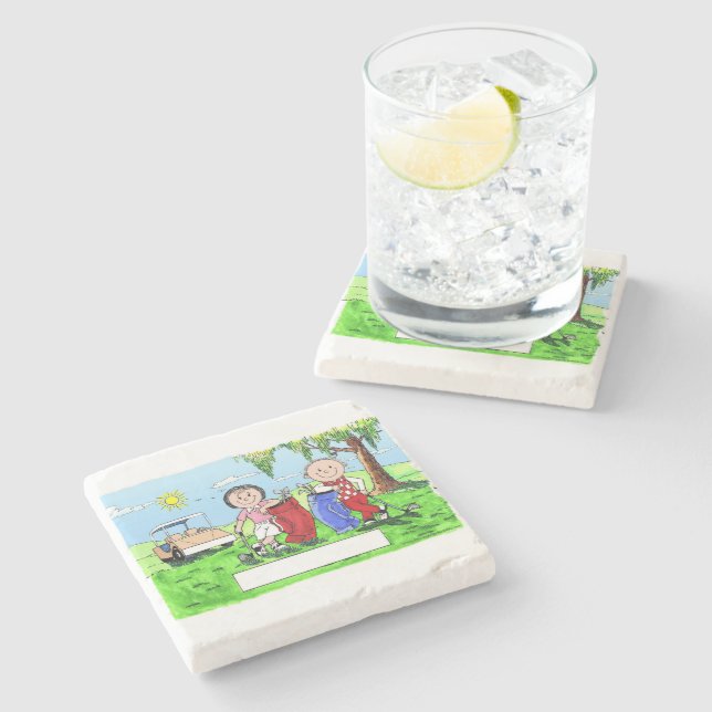 Golfing Couple - Personalised Cartoon Stone Coaster (Side)