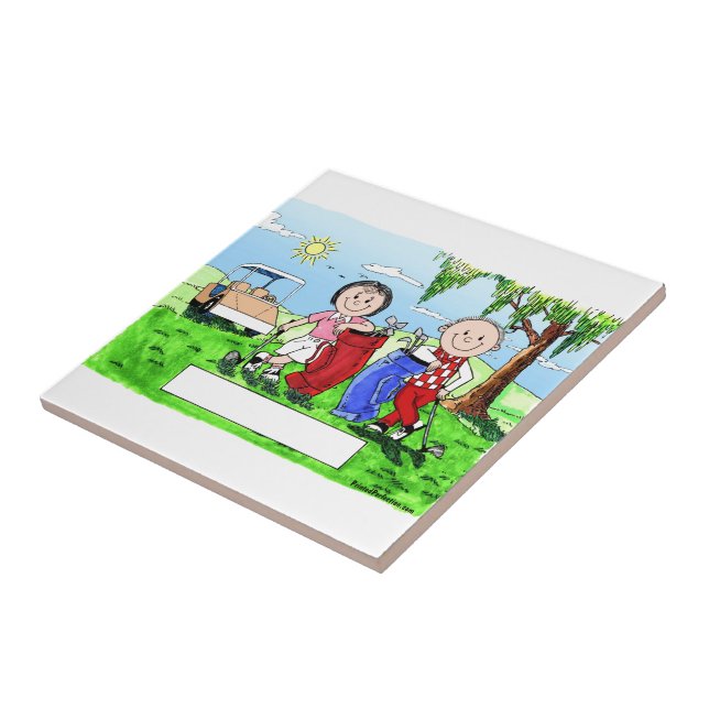 Golfing Couple - Personalised Cartoon Tile (Side)