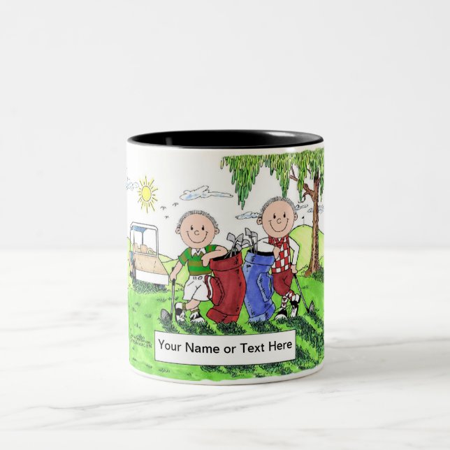Golfing Friends - Male & Male  Cartoon Two-Tone Coffee Mug (Center)