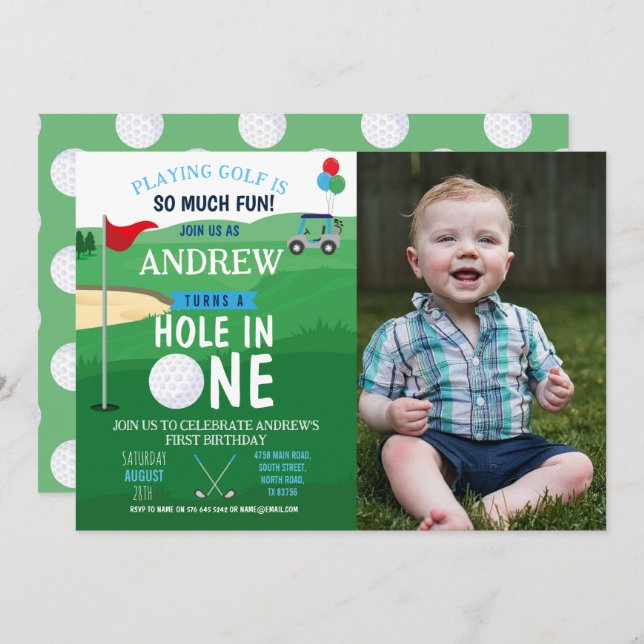 Golfing Hole in One First Birthday Invite Photo (Front/Back)